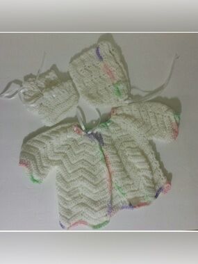 Sweater, Booties and Hat Baby Outfit sz 6 -9 Crocheted HANDMADE